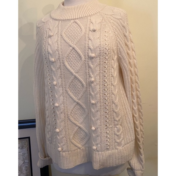 J Crew Sweater  Azra Natural Pom Pom Size L Crew Neck Lamb Wool - Picture 2 of 10